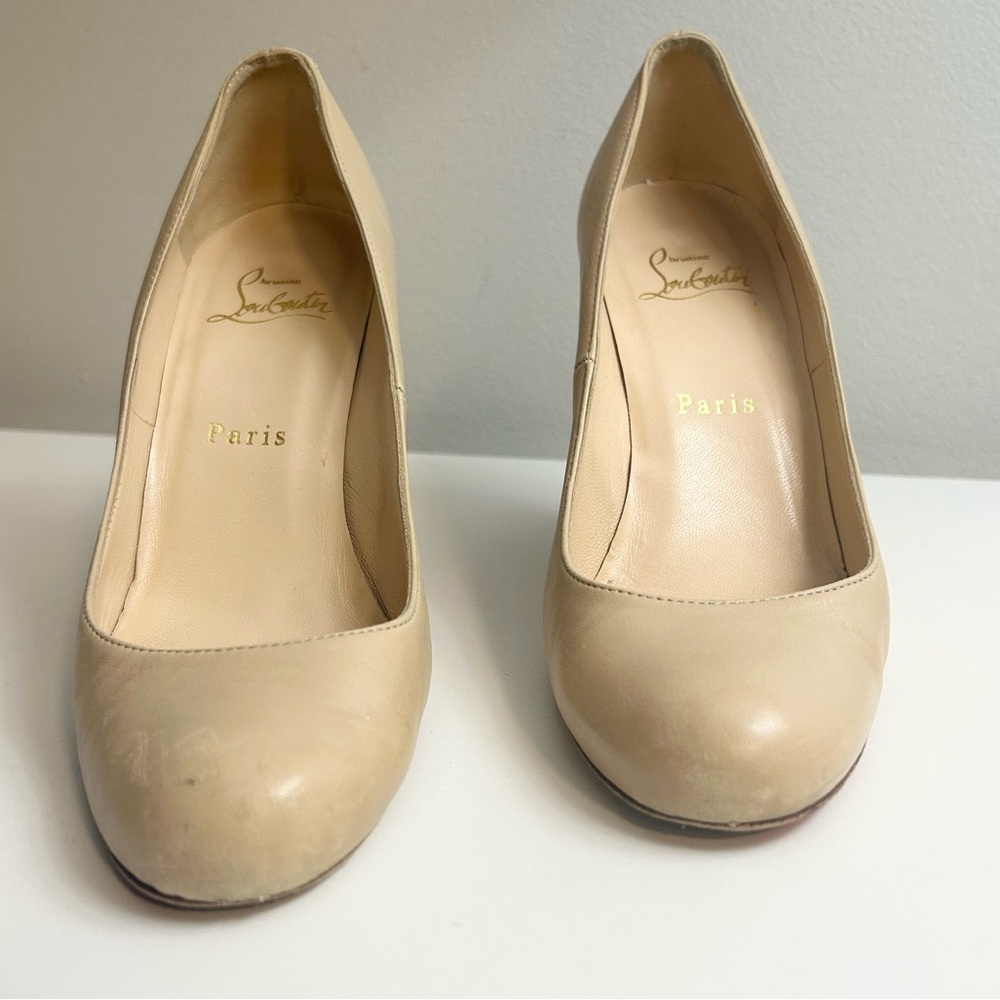 Authentic Christian Louboutin Leather Stacked Wood Wedge Heel Pumps - Picture 5 of 12